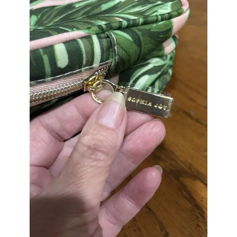 Sophia Joy Fabric Tropical Leaf Print Double Zip Makeup Bag, Green/Pink